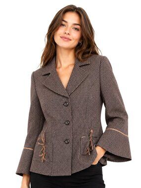 Isabel & Nina Black Tan Check Ribbon Trim Bell Sleeve Jacket
